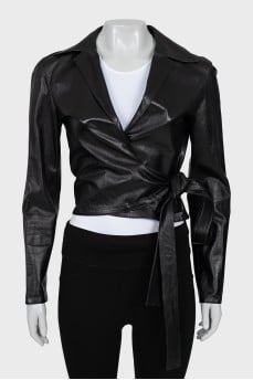 Leather jacket with button and ties