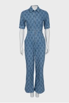 Denim overalls with signature print