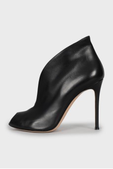 Black leather open toe ankle boots