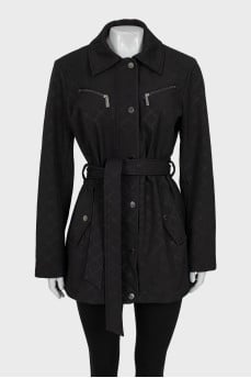 Jacket with a belt, buttons and a zipper