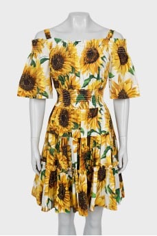 Sunflower print off shoulder dress