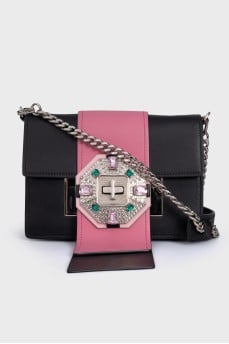 Leather bag with colored crystals