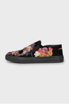 Suede slip-ons with embroidery and rhinestones