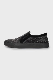 Textile slip-ons with rhinestones and embroidery