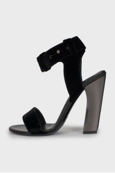 Textile sandals with metal heels