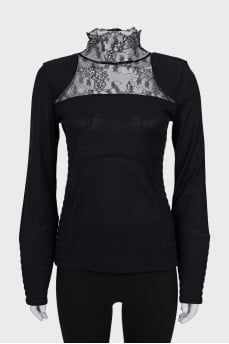 Wool blouse with lace insert