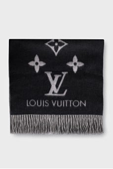 Grey scarf with fringe in signature print