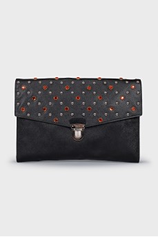 Black leather clutch with crystals