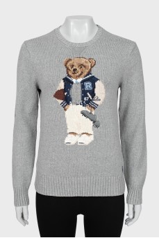 Gray knitted sweater with print