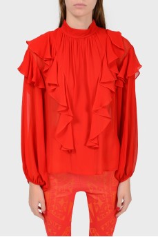 Red silk blouse with frills
