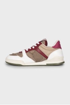Textile and leather sneakers with raw seams