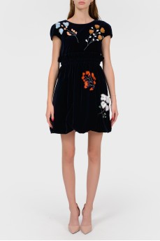 Dress from dark blue velvet with fur flowers