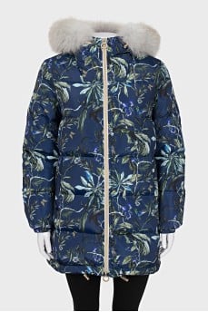 Blue down jacket with floral print