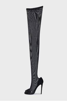 Mesh over the knee boots with rhinestones