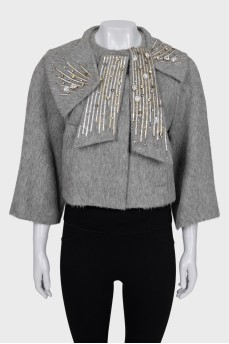Cropped alpaca and wool coat with crystals