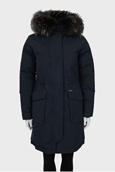 Blue down jacket with fur trim