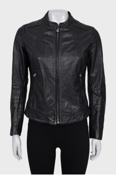 Leather jacket with zip and round collar