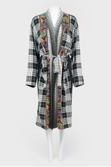 Khalat dress in a combined cage and an abstract print