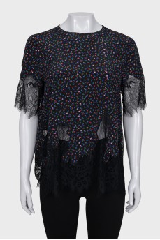 Silk blouse with lace in a floral print