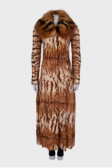 Leather coat with a fur collar