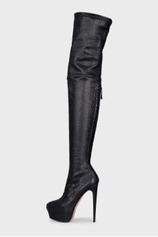 Textured leather over-the-knee boots with heels