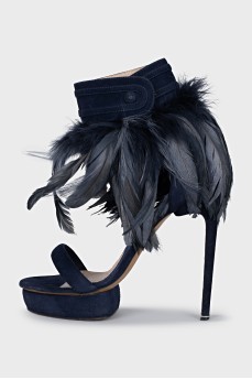 Suede heeled sandals with feathers