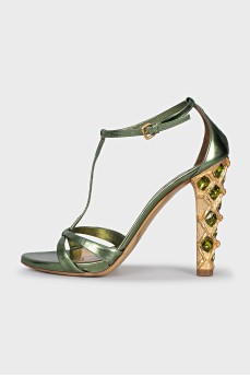 Leather sandals with crystal heels