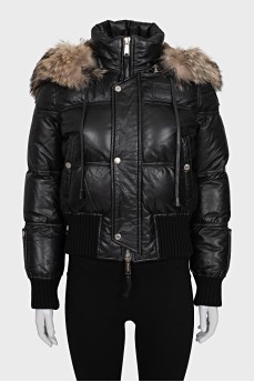 Leather down jacket with a removable hood