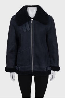 Blue sheepskin coat with a zipper