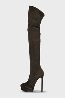 Green suede over-the-knee boots with heels