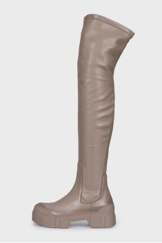 Beige leather over-the-knee boots