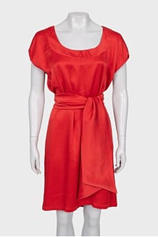 Red silk dress with a wide belt