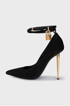 Suede pumps with gold heels
