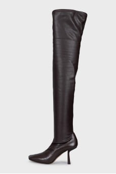 Leather over-the-knee boots with a square toe heel
