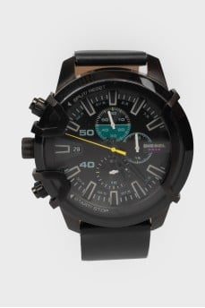 Men's watch on a black leather strap with a tag