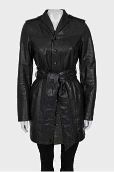Black leather coat with a belt