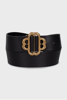 Black leather belt with a shaped buckle