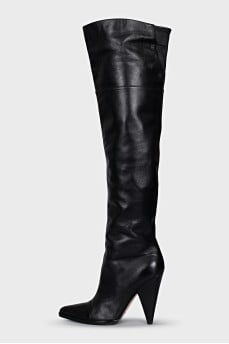 Leather over-the-knee boots with a slanted heel