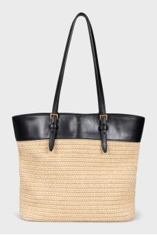 Raffia and leather tote