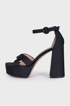 Black textile heeled sandals