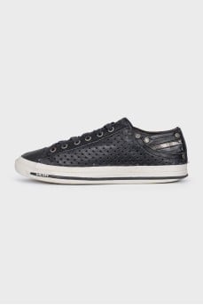 Blue leather sneakers with perforations