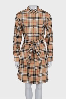 Plaid button-down dress with belt
