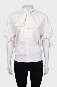 Silk button-down blouse with bow