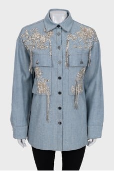 Oversized denim shirt with rhinestones