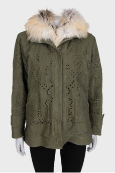 Green jacket with fox fur
