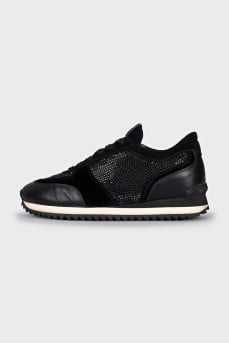 Leather and velvet sneakers with rhinestones