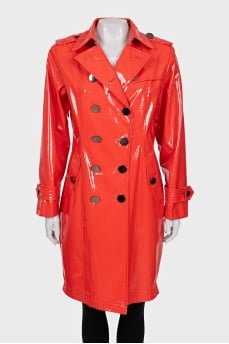Red faux leather raincoat