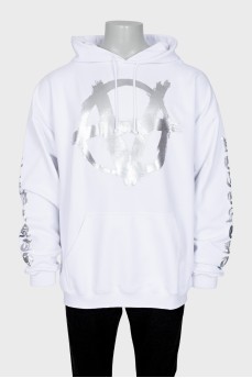 Men's white hoodie with silver logo