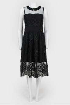 Dress with a transparent insert and feathers