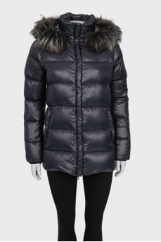 Straight down jacket with fur trim on the hood